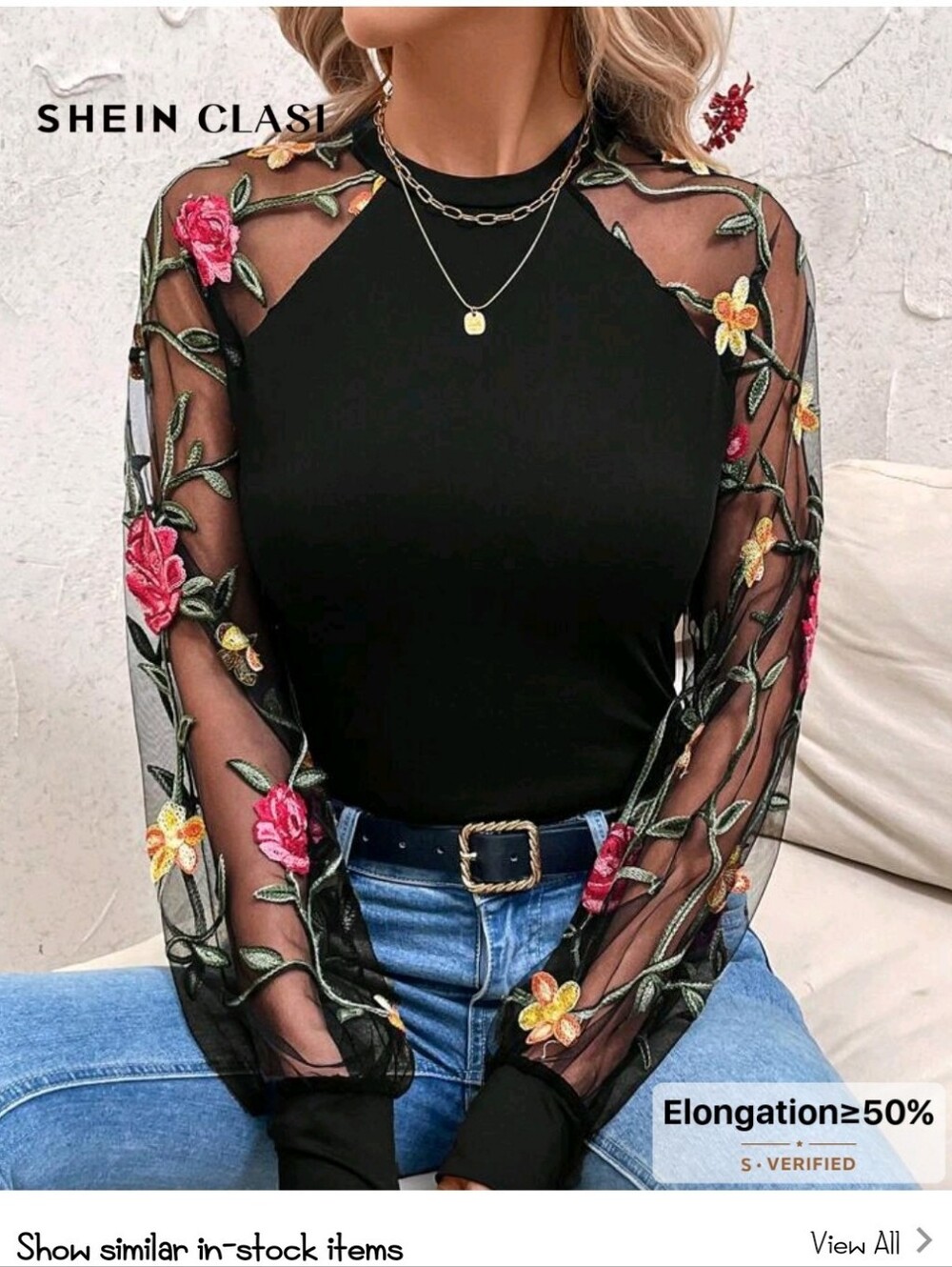 Shein Black Long Sleeve Top with Floral See through Sleeves